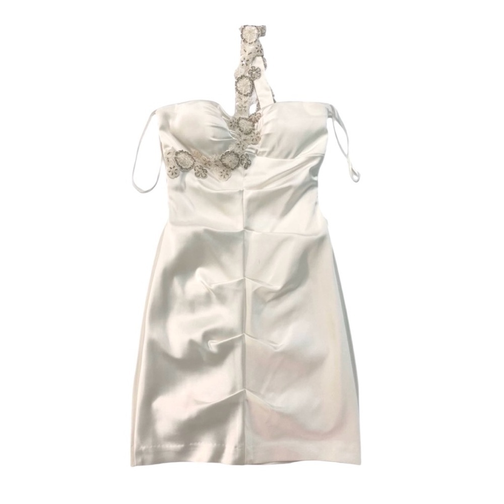 Cache Ivory Pearl Ruched Dress Satin Single Strap Beaded Bridal Engagement Sz 4